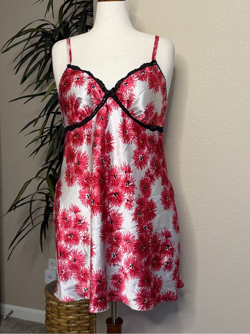 White and Pink Floral Satin Chemise with Black Lace